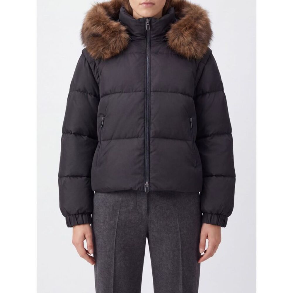 Godetia Nylon Puffer Jacket Pinko With Hood, Fur Collar, And Removable Sleeves
